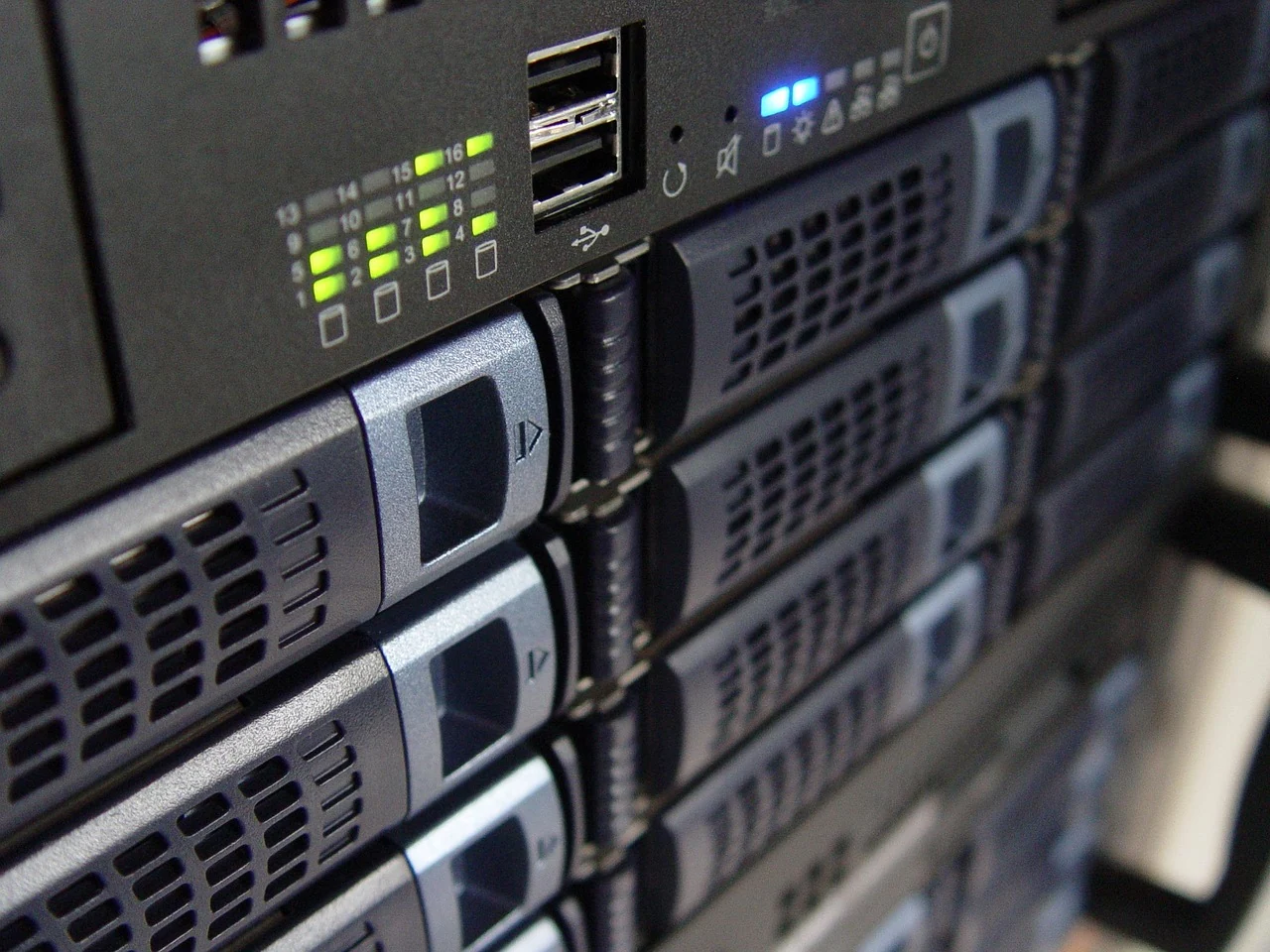 Close-up of rack-mounted server drive bays and front-panel indicators